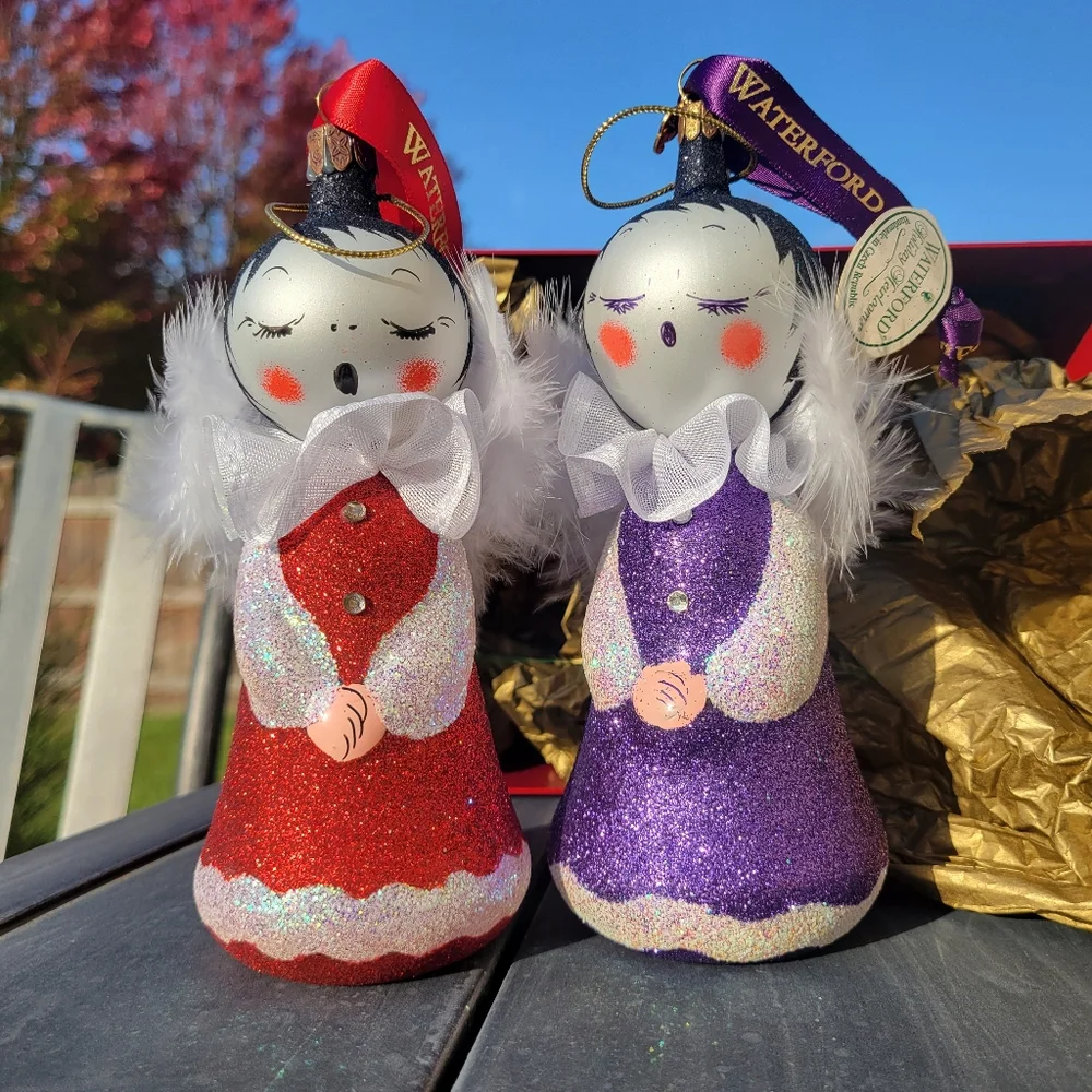 Waterford Sugar Plum Angel Duo Red & Purple Ornaments ~ Czech ~ Retired